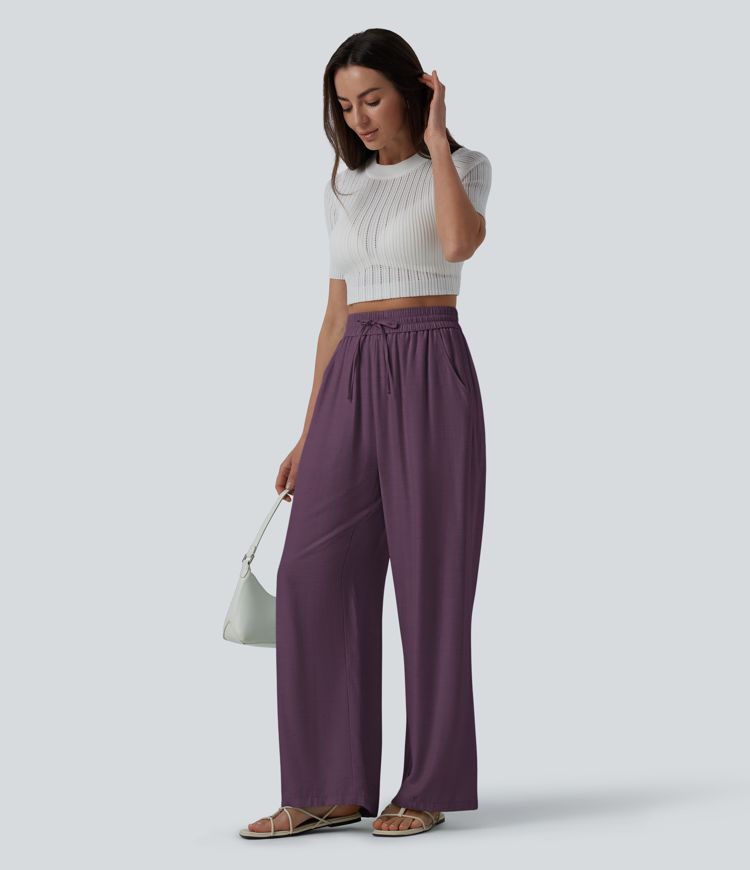 Lässige Leinen-Hose mit hohem Bund, Kordelzug, weitem Bein und Taschen Lässige Leinen-Hose mit hohem Bund, Kordelzug, weitem Bein und Taschen