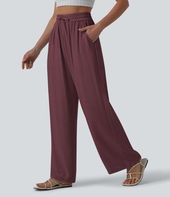 Lässige Leinen-Hose mit hohem Bund, Kordelzug, weitem Bein und Taschen Lässige Leinen-Hose mit hohem Bund, Kordelzug, weitem Bein und Taschen