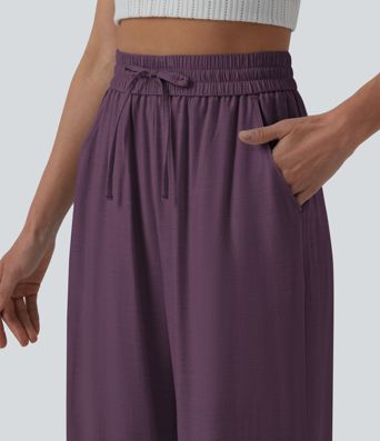 Lässige Leinen-Hose mit hohem Bund, Kordelzug, weitem Bein und Taschen Lässige Leinen-Hose mit hohem Bund, Kordelzug, weitem Bein und Taschen
