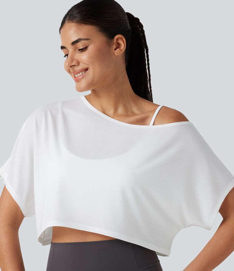 Verkürztes, 2-teiliges Yoga-Sport-Top mit kurzen Ärmeln, integriertem BH und One-Shoulder-Design - schnelltrocknend