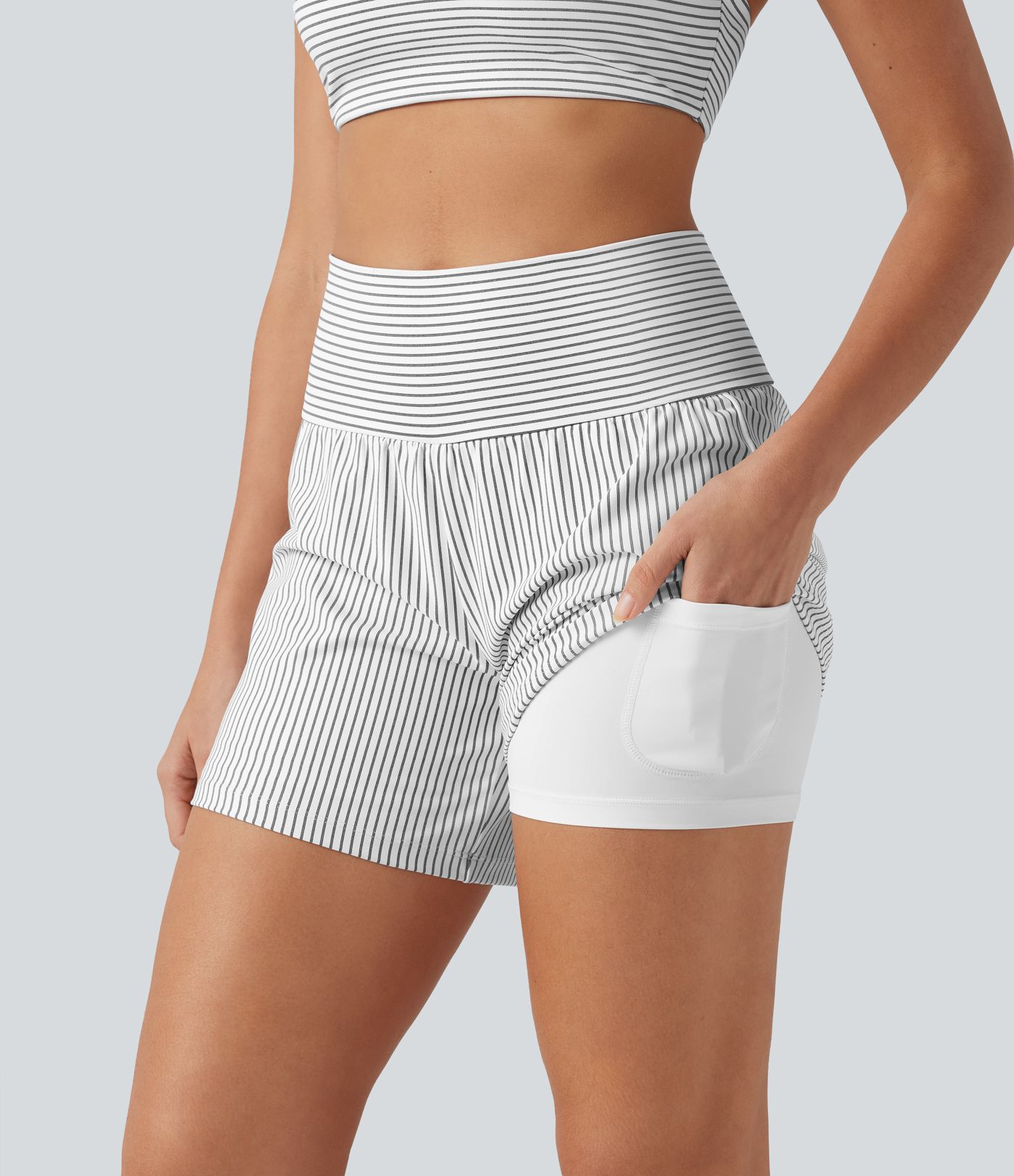 Super High Waisted 2-in-1 Stripe Yoga Shorts 5'' with Pockets