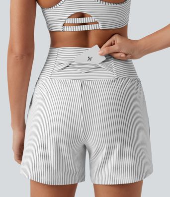 Super High Waisted 2-in-1 Stripe Yoga Shorts 5'' with Pockets