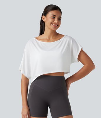 Verkürztes, 2-teiliges Yoga-Sport-Top mit kurzen Ärmeln, integriertem BH und One-Shoulder-Design - schnelltrocknend