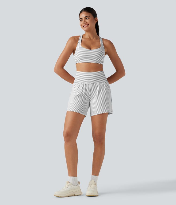 Super High Waisted 2-in-1 Stripe Yoga Shorts 5'' with Pockets