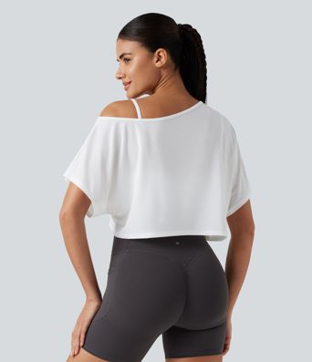 Verkürztes, 2-teiliges Yoga-Sport-Top mit kurzen Ärmeln, integriertem BH und One-Shoulder-Design - schnelltrocknend