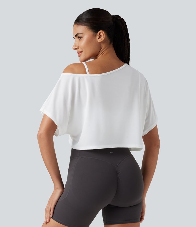 Verkürztes, 2-teiliges Yoga-Sport-Top mit kurzen Ärmeln, integriertem BH und One-Shoulder-Design - schnelltrocknend