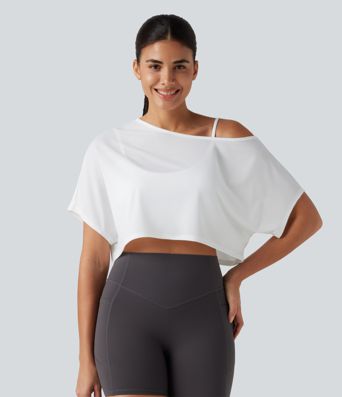 Verkürztes, 2-teiliges Yoga-Sport-Top mit kurzen Ärmeln, integriertem BH und One-Shoulder-Design - schnelltrocknend