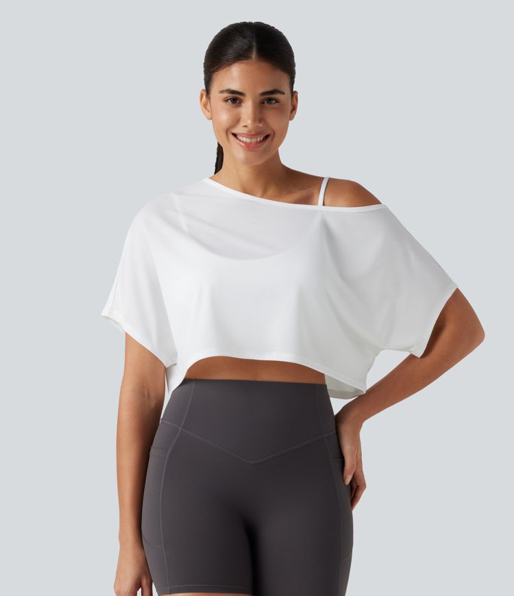 Verkürztes, 2-teiliges Yoga-Sport-Top mit kurzen Ärmeln, integriertem BH und One-Shoulder-Design - schnelltrocknend
