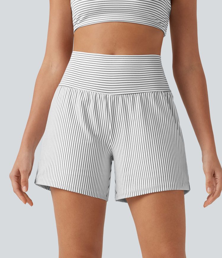 Super High Waisted 2-in-1 Stripe Yoga Shorts 5'' with Pockets