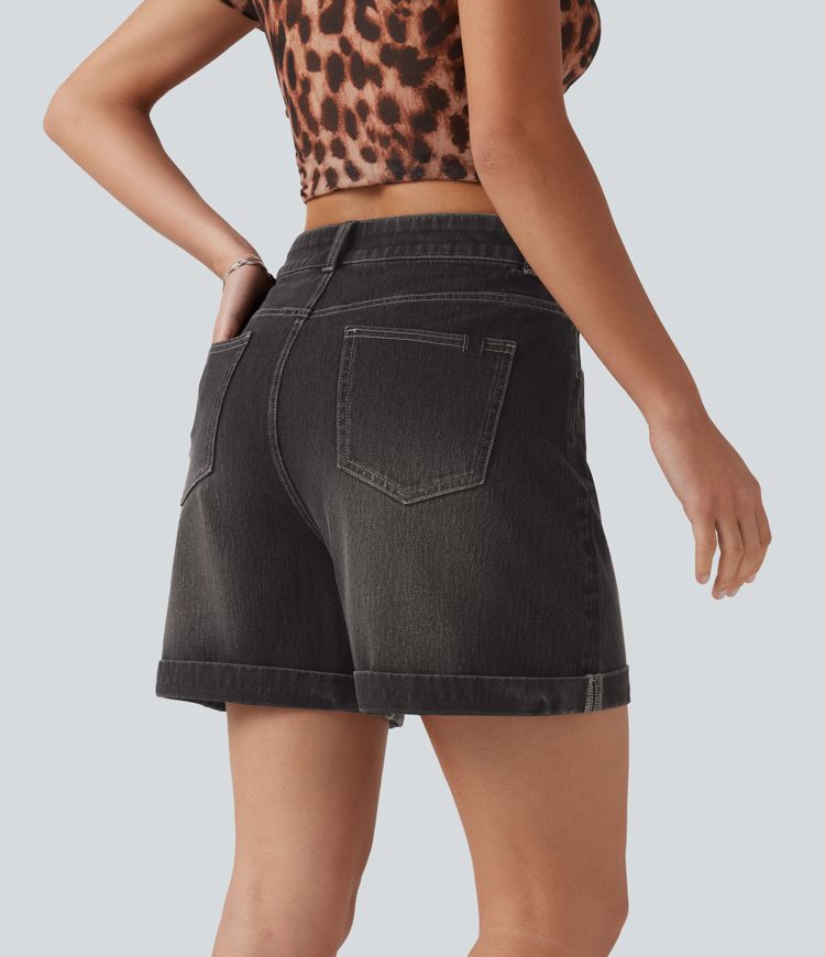 Halara Flex™ Mid Rise Rolled Hem Denim Casual Shorts 5'' with Pockets