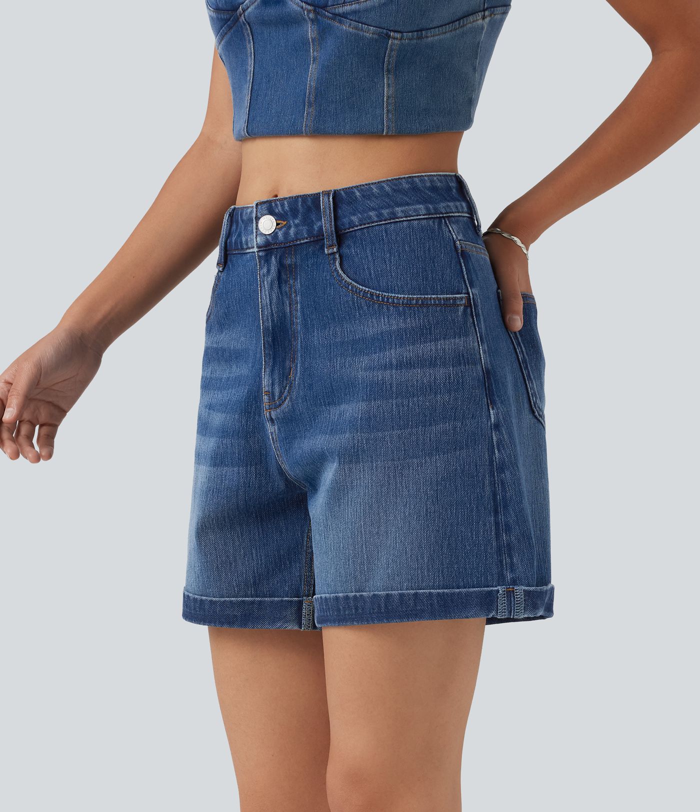 Halara Flex™ Mid Rise Rolled Hem Denim Casual Shorts 5'' with Pockets