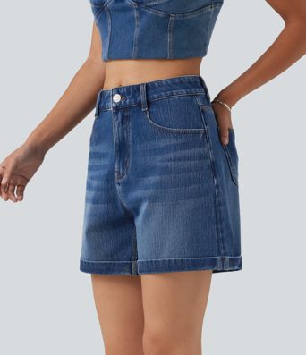 Halara Flex™ Mid Rise Rolled Hem Denim Casual Shorts 5'' with Pockets