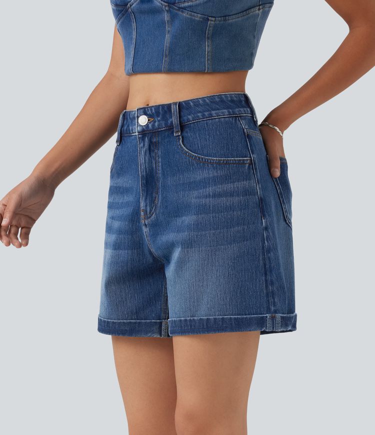 Halara Flex™ Mid Rise Rolled Hem Denim Casual Shorts 5'' with Pockets