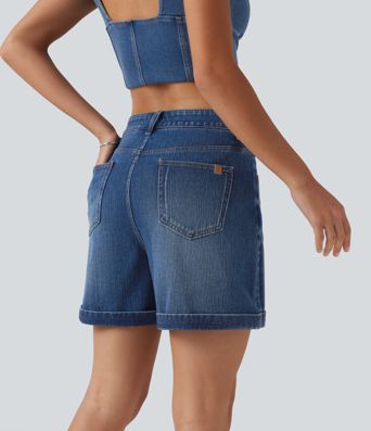 Halara Flex™ Mid Rise Rolled Hem Denim Casual Shorts 5'' with Pockets