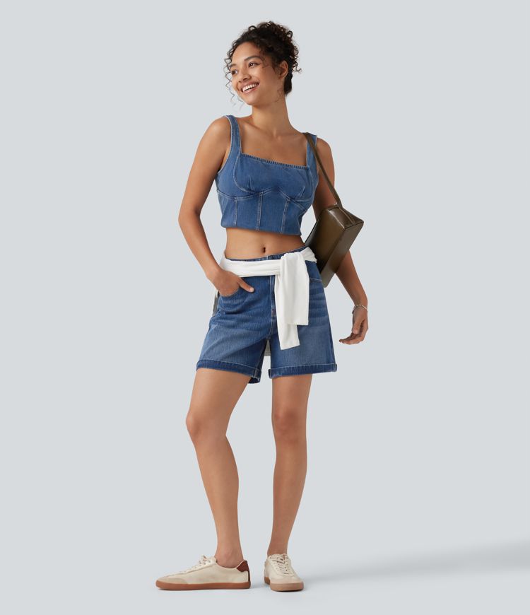 Halara Flex™ Mid Rise Rolled Hem Denim Casual Shorts 5'' with Pockets