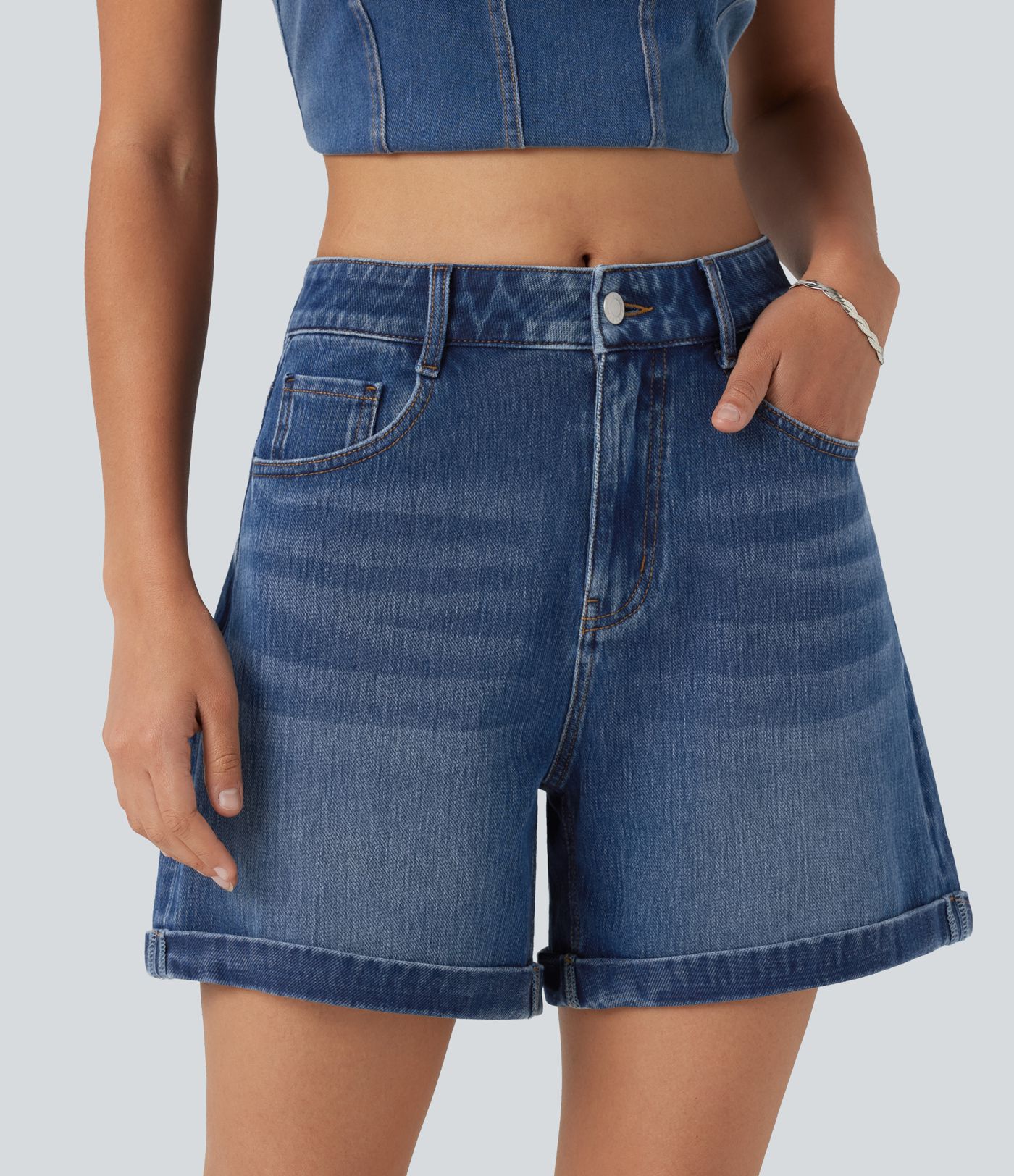 Halara Flex™ Mid Rise Rolled Hem Denim Casual Shorts 5'' with Pockets