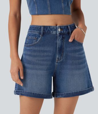 Halara Flex™ Mid Rise Rolled Hem Denim Casual Shorts 5'' with Pockets