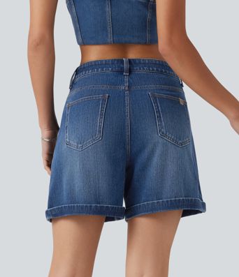 Halara Flex™ Mid Rise Rolled Hem Denim Casual Shorts 5'' with Pockets