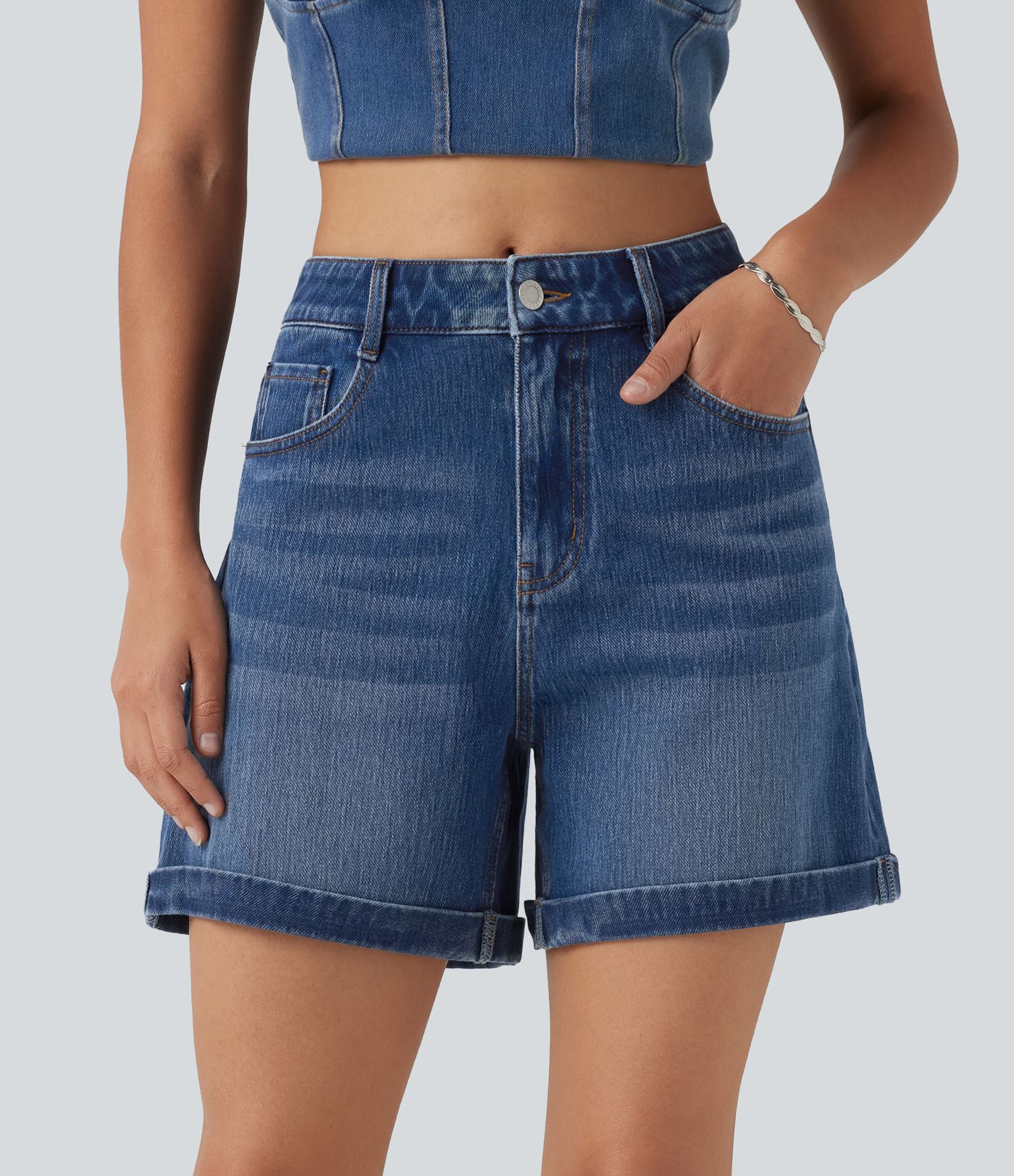 Halara Flex™ Mid Rise Rolled Hem Denim Casual Shorts 5'' with Pockets