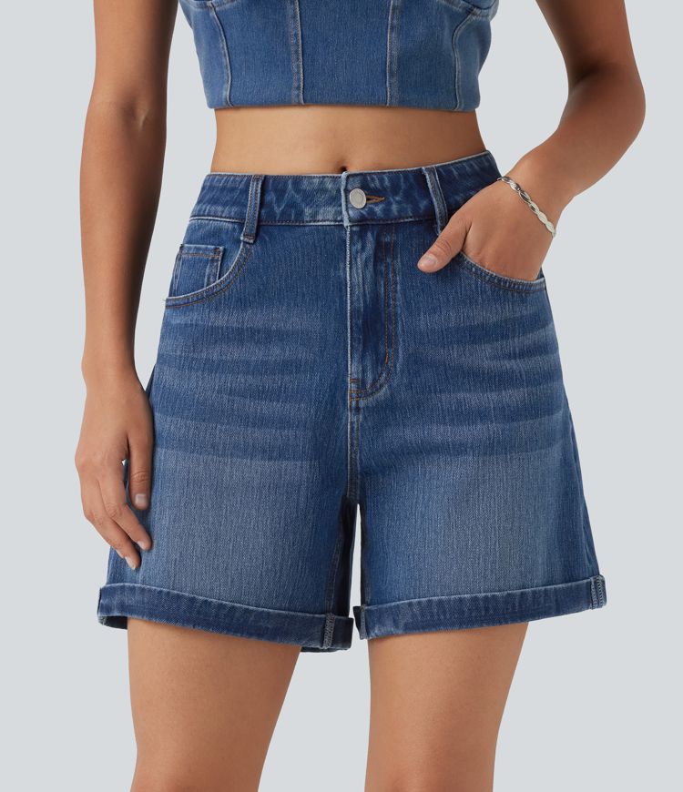 Halara Flex™ Mid Rise Rolled Hem Denim Casual Shorts 5'' with Pockets