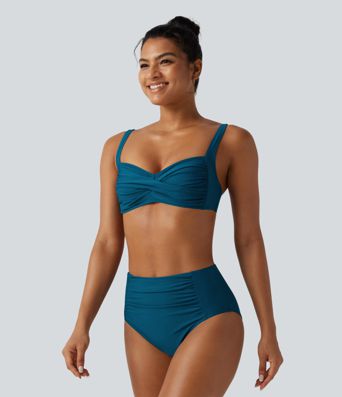 Adjustable Straps Twisted Ruched Built-in Bra Push-Up Tummy Control Bikini Set