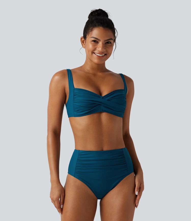 Blue Sapphire Ensemble bikini avec soutien-gorge intégré, bretelles réglables, détail torsadé et froncé, effet push-up et contrôle du ventre / 1