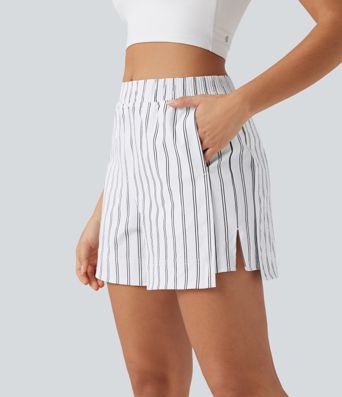 High Waisted Split Stripe Tennis Shorts with Pockets 4''