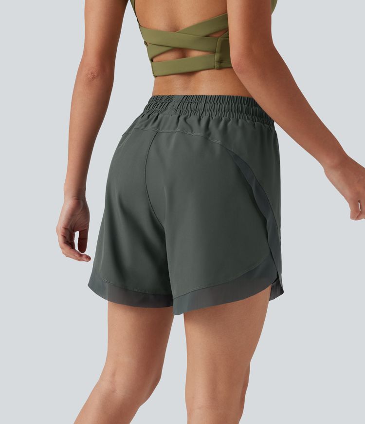 Mid Rise Drawstring Curved Hem Contrast Mesh 2-in-1 Running Shorts 5'' with Pockets