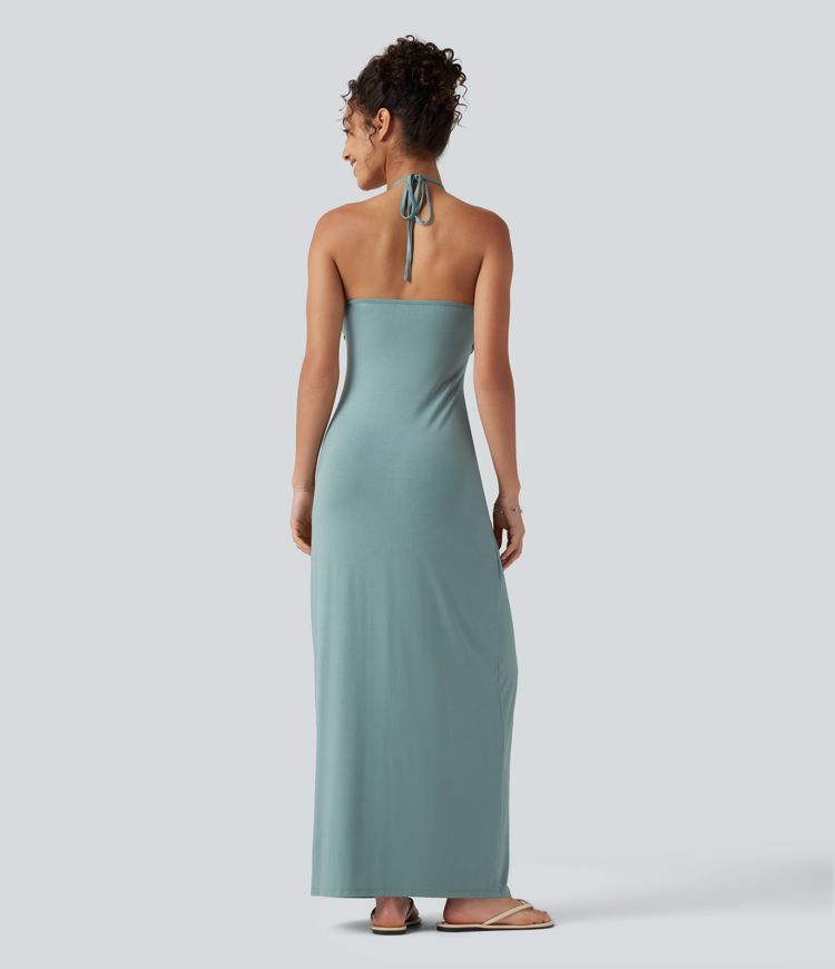 Halter Tie Back Built-in Bra Maxi Dress with Pockets