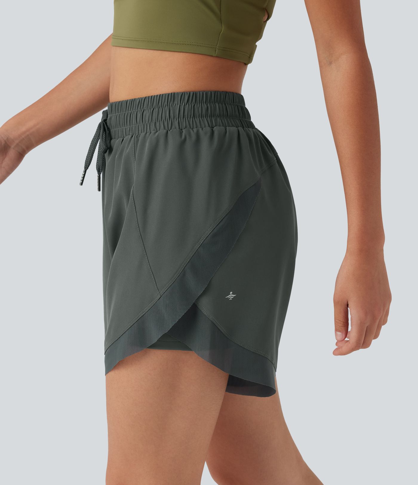 Mid Rise Drawstring Curved Hem Contrast Mesh 2-in-1 Running Shorts 5'' with Pockets
