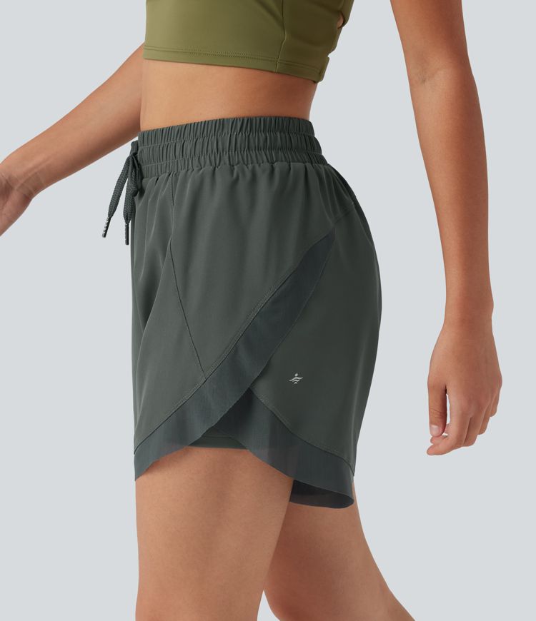Mid Rise Drawstring Curved Hem Contrast Mesh 2-in-1 Running Shorts 5'' with Pockets