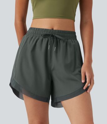 Mid Rise Drawstring Curved Hem Contrast Mesh 2-in-1 Running Shorts 5'' with Pockets