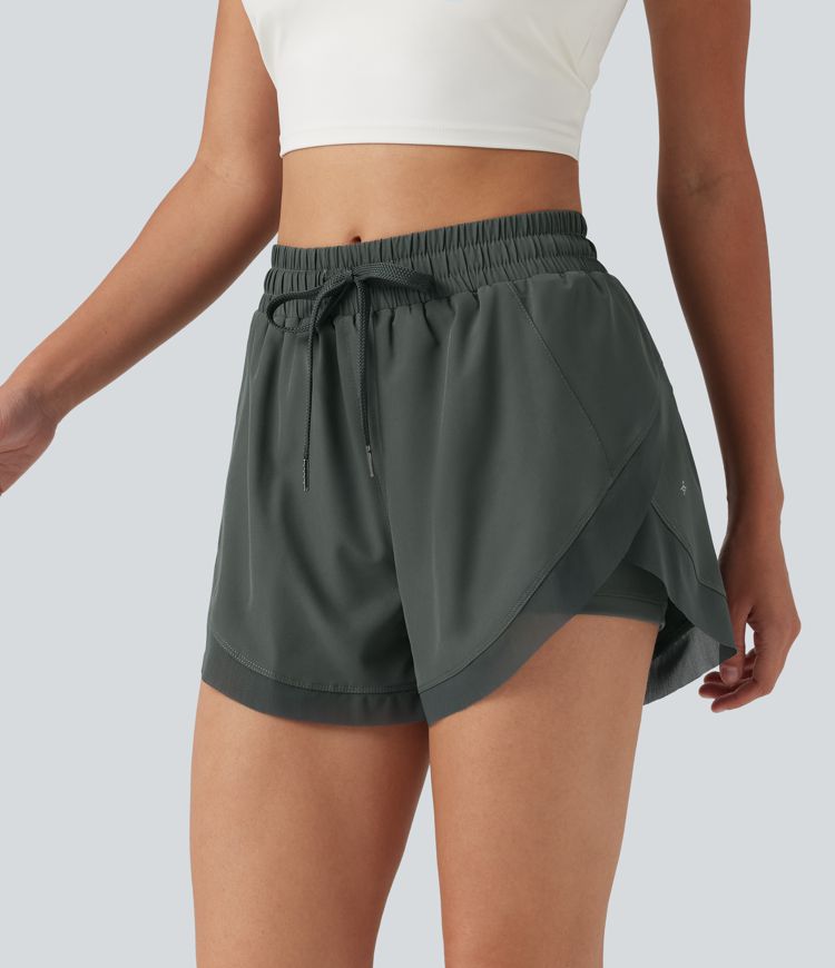 Shorts de running 2 en 1 de tiro medio con cordón, bajo curvado, malla a contraste, 3'' con bolsillos