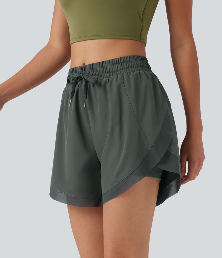 Mid Rise Drawstring Curved Hem Contrast Mesh 2-in-1 Running Shorts 5'' with Pockets