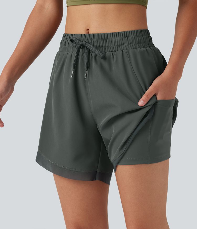 Mid Rise Drawstring Curved Hem Contrast Mesh 2-in-1 Running Shorts 5'' with Pockets