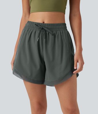 Mid Rise Drawstring Curved Hem Contrast Mesh 2-in-1 Running Shorts 5'' with Pockets