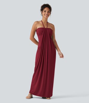 Halter Tie Back Built-in Bra Maxi Dress with Pockets