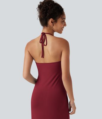 Halter Tie Back Built-in Bra Maxi Dress with Pockets