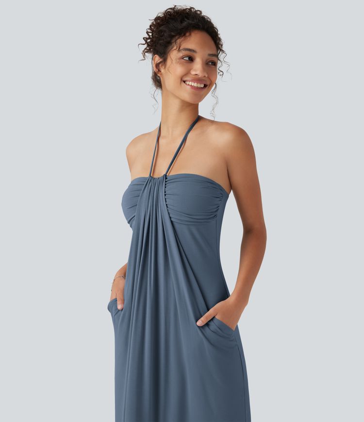 Halter Tie Back Built-in Bra Maxi Dress with Pockets Halter Tie Back Built-in Bra Maxi Dress with Pockets