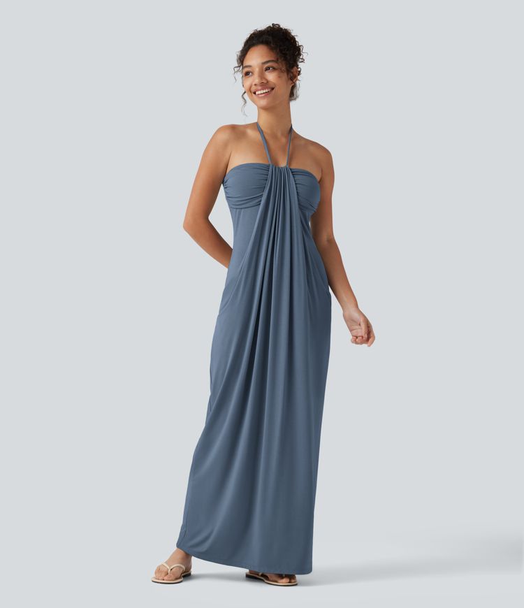 Halter Tie Back Built-in Bra Maxi Dress with Pockets Halter Tie Back Built-in Bra Maxi Dress with Pockets