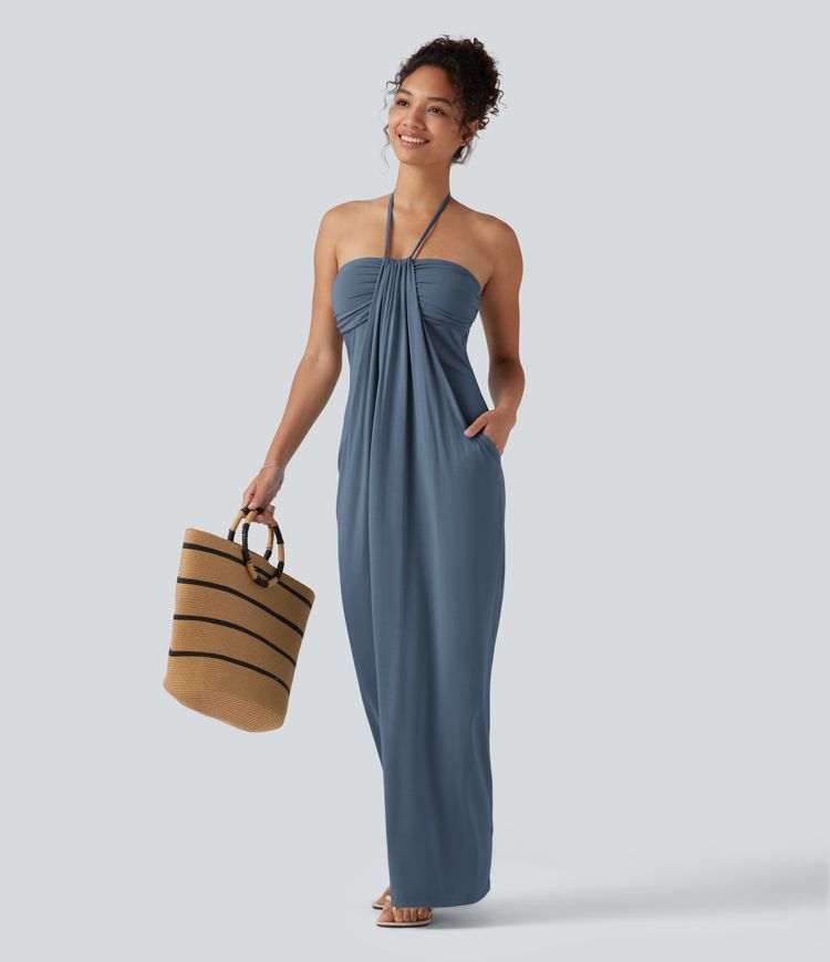 Halter Tie Back Built-in Bra Maxi Dress with Pockets Halter Tie Back Built-in Bra Maxi Dress with Pockets