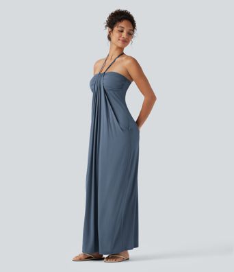 Halter Tie Back Built-in Bra Maxi Dress with Pockets Halter Tie Back Built-in Bra Maxi Dress with Pockets