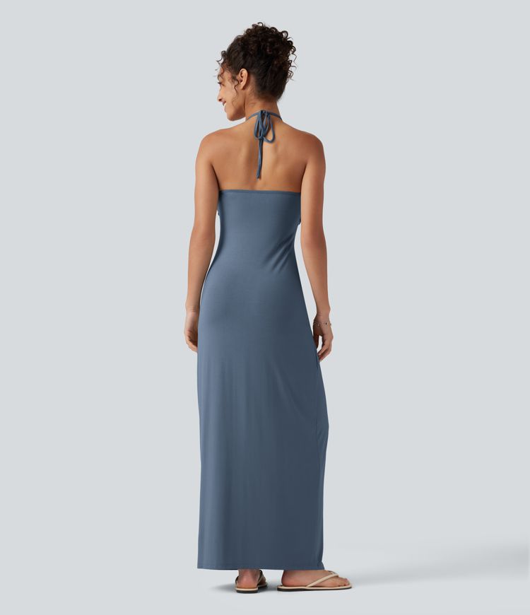 Halter Tie Back Built-in Bra Maxi Dress with Pockets Halter Tie Back Built-in Bra Maxi Dress with Pockets