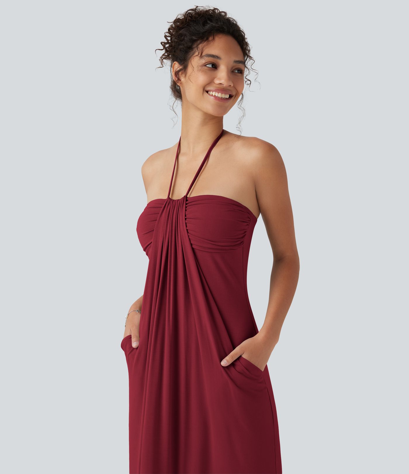 Halter Tie Back Built-in Bra Maxi Dress with Pockets