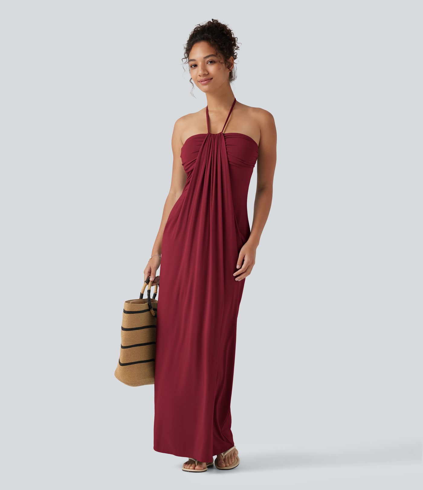 Halter Tie Back Built-in Bra Maxi Dress with Pockets
