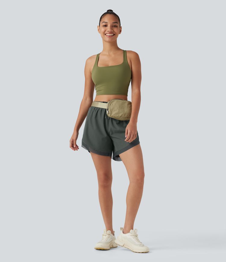 Mid Rise Drawstring Curved Hem Contrast Mesh 2-in-1 Running Shorts 5'' with Pockets