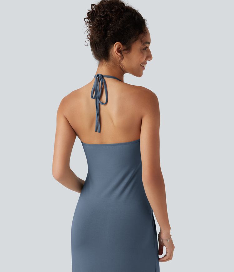 Halter Tie Back Built-in Bra Maxi Dress with Pockets Halter Tie Back Built-in Bra Maxi Dress with Pockets