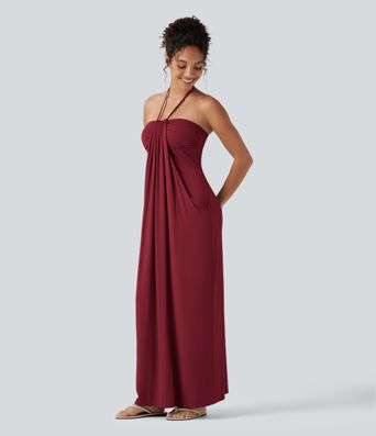 Halter Tie Back Built-in Bra Maxi Dress with Pockets