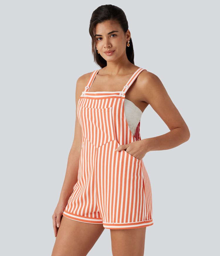 Pockets Stripe Waffle Short Overalls