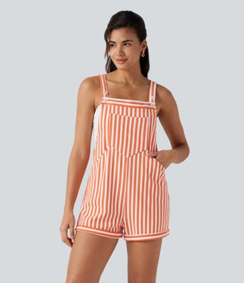 Pockets Stripe Waffle Short Overalls